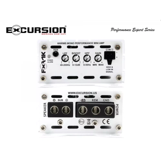 Excursion PXA-1K 1-kanałowy mini wzmacniacz samochodowy do fabrycznych systemów audio - moc RMS: 1x300/450/600, klasa Mono D, wej. High/Low, Auto On/O